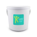A white bucket with a green sticker featuring a playful figure and the text "JumpStart Training."