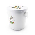 A white promotional bucket with colourful illustrations and a handle, featuring playful designs on the lid and sides.
