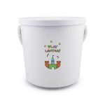 A white bucket with a playful design featuring a castle and text that reads "PLAY LANDIA!"