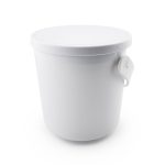 A white plastic bucket with a removable lid and a handle for easy carrying.