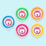 Five containers of colorful putty in blue, green, orange, pink, and yellow, each with a logo on the lid.