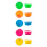 Eight small containers of putty in vibrant colors: green, orange, blue, pink, and yellow with white lids.