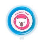 A container of blue putty with a circular lid featuring a bear illustration and a colorful design.