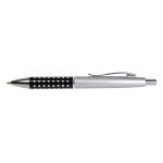 A metal pen featuring a sleek silver design with a black dotted grip and a clip.