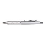 A metal pen with a sleek silver design and a textured grip featuring small holes.