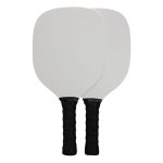 A pickleball set featuring two paddles with black grips and white paddle surfaces.