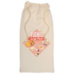 A cream-colored drawstring bag featuring a picnic-themed design with a checkered pattern and various food items.