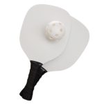 A pickleball set featuring two paddles and a perforated plastic ball.