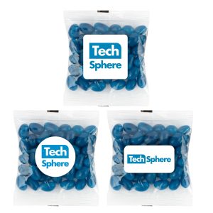 A clear bag containing blue mini jelly beans with a logo on the front. Three bags displayed together.