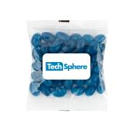 A clear cello bag filled with blue jelly beans, featuring a logo on the front.