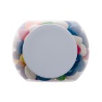 A container filled with assorted colour mini jelly beans, featuring various hues including pink, green, and blue.