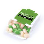 A box of jelly beans featuring green and white candies, with a branding logo on the packaging.