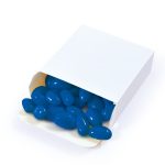 A white box filled with vibrant blue jelly beans. The box is partially open, revealing the candies inside.