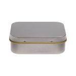 A silver rectangular tin designed for packaging pens, featuring a smooth finish and a hinged lid with a gold accent.