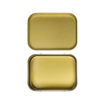 A silver rectangular tin with a shiny lid, displayed open and closed.