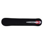 A sleek red pen with a silver clip, presented on a black suede-like case.