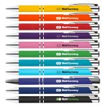 A collection of metal pens in various vibrant colors, each featuring the branding "MobiCurrency" and a sleek design.