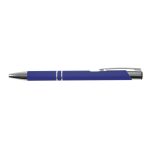 A blue metal pen with a glossy finish and a silver clip, featuring a simple design.