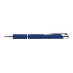 A metal pen in a sleek blue finish with silver accents, featuring a polished clip and modern design elements.