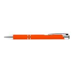 A metal pen in vibrant orange with silver accents and a sleek design, featuring two white striped details on the barrel.