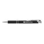 A metal pen featuring a sleek black design with silver accents and the logo "MobiCurrency" printed on its side.