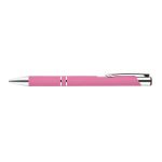 A metal pen in a vibrant pink color with silver accents.
