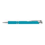 A metal pen in a vibrant turquoise color featuring a sleek design and chrome accents.
