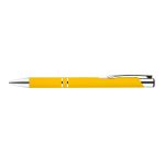A yellow metal pen featuring a sleek design and chrome accents, ideal for writing with style.