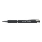 A metal pen featuring a sleek design with a gray barrel and silver accents, branded with "Hotel Victoria."