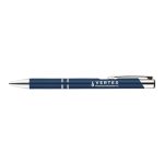 A metal pen featuring a sleek blue design with silver accents and the engraved logo of "VERTEX Financial Solutions Inc."