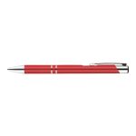 A red metal pen with a sleek design and silver accents, featuring two subtle stripes.