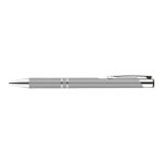A metal pen in a sleek silver design, featuring chrome accents and a smooth finish.