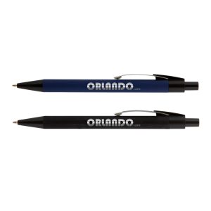 A set of two metal pens in navy blue and black, featuring a logo on the barrel.