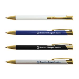 A collection of metal pens in white, blue, black, and silver, each featuring gold trim and a logo.