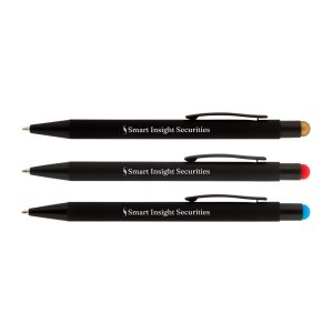 Three stylus pens in black with coloured stylus tips—gold, red, and blue—each featuring a logo.