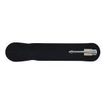 A sleek eco-friendly pen displayed on a black velvet base. The pen features a minimalist design with a metallic finish.