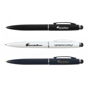 Three metal pens in black, white, and blue, each featuring a logo and a clip.