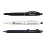 Three metal pens in black, white, and blue, each featuring a logo and a clip.
