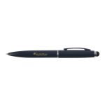 A metal pen featuring a sleek black design with a silver clip and a stylus tip, branded with gold lettering.