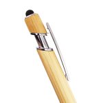A bamboo pen with a chrome clip and a black tip, showcasing a natural wood finish. It features a logo.