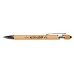 A bamboo pen featuring a wooden barrel, silver accents, and a logo. It is designed for writing.