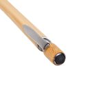 A bamboo pen with a sleek design, featuring chrome accents and a rounded black tip. It has a branding element.