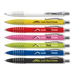 A set of plastic pens in white, yellow, pink, green, blue, and black, each with a logo.