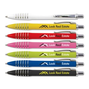 A set of plastic pens in white, yellow, pink, green, blue, and black, each with a logo.