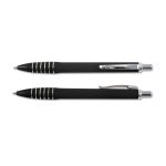 A set of black plastic pens with silver accents and a shiny clip, featuring a sleek design.