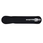 A sleek silver pen resting on a black velvet surface, featuring a polished design and an embossed logo.