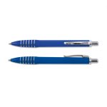 A set of blue plastic pens, featuring sleek designs and silver accents, displayed side by side.