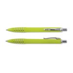 A green plastic pen with silver accents and grip. It features a clip and has a sleek design.