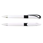 A white plastic pen with a black grip and distinctive hook design. It features a polished silver clip and tip.