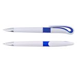 A Hook Pen featuring a sleek white body with blue accents and a unique hook design for easy handling.